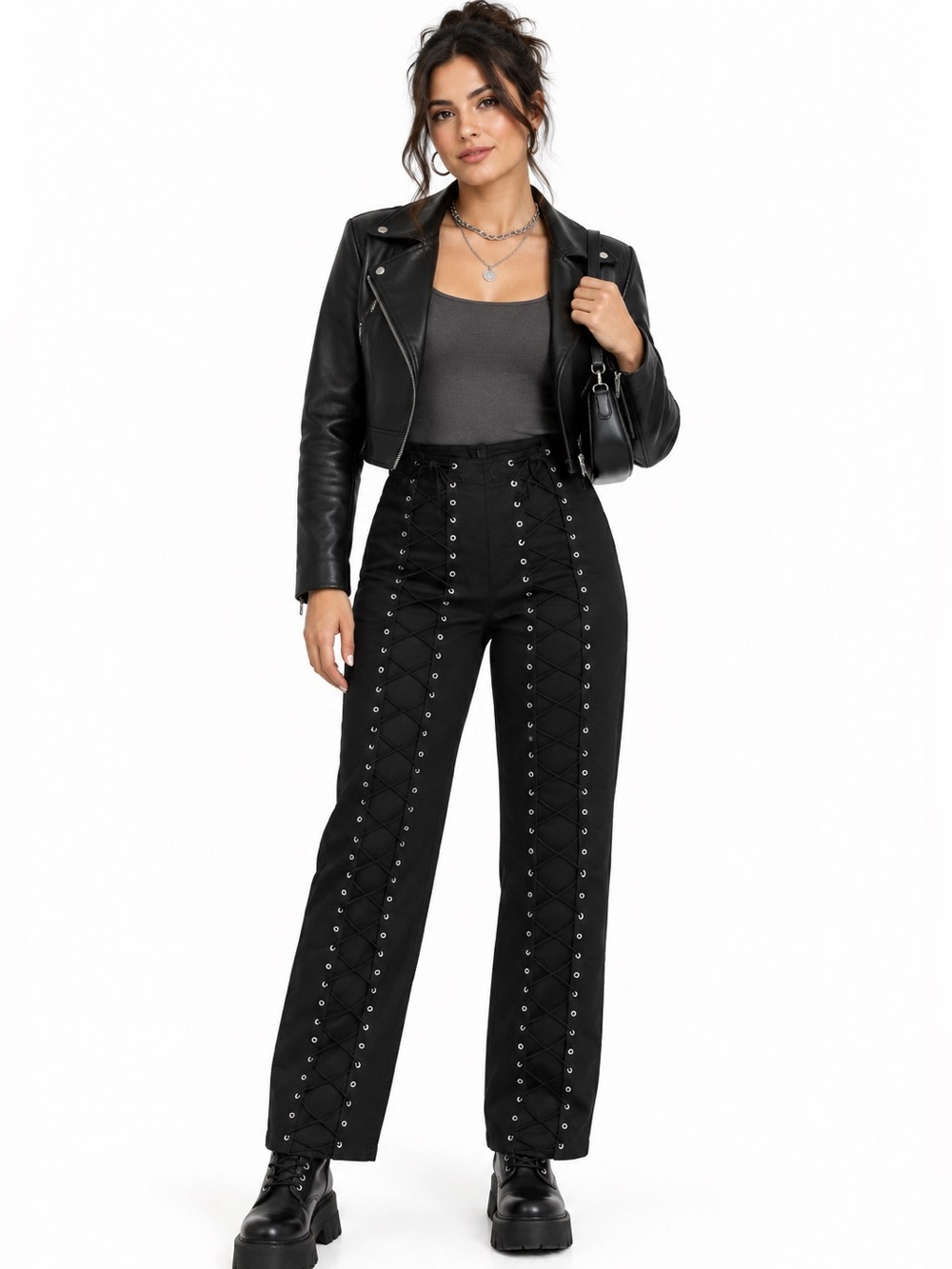 NWT Cider SZ M Black/silver grommets lace-front pant rear concealed zip/waist 28